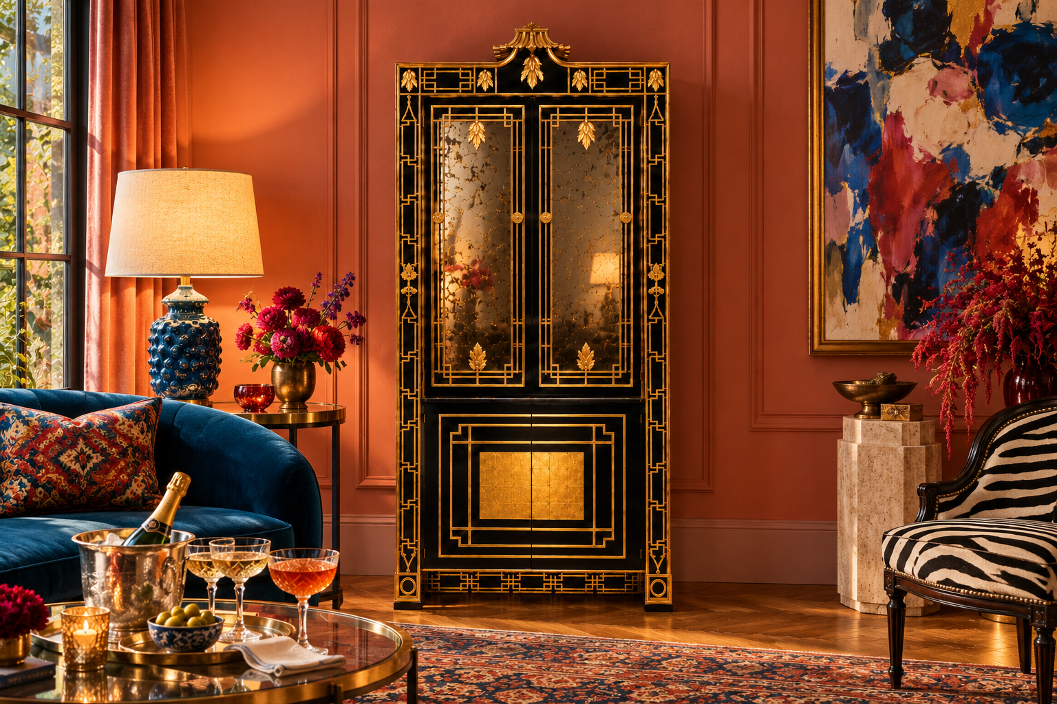 Cascais black and gold drinks cabinet in an eclectic entertaining room