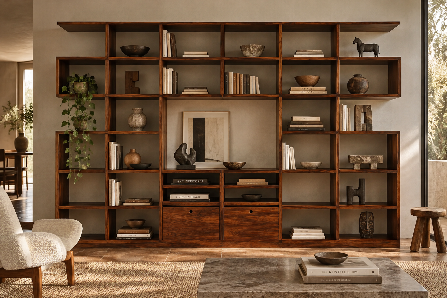 Leblon Rosewood Bookshelf installed in a warm contemporary interior