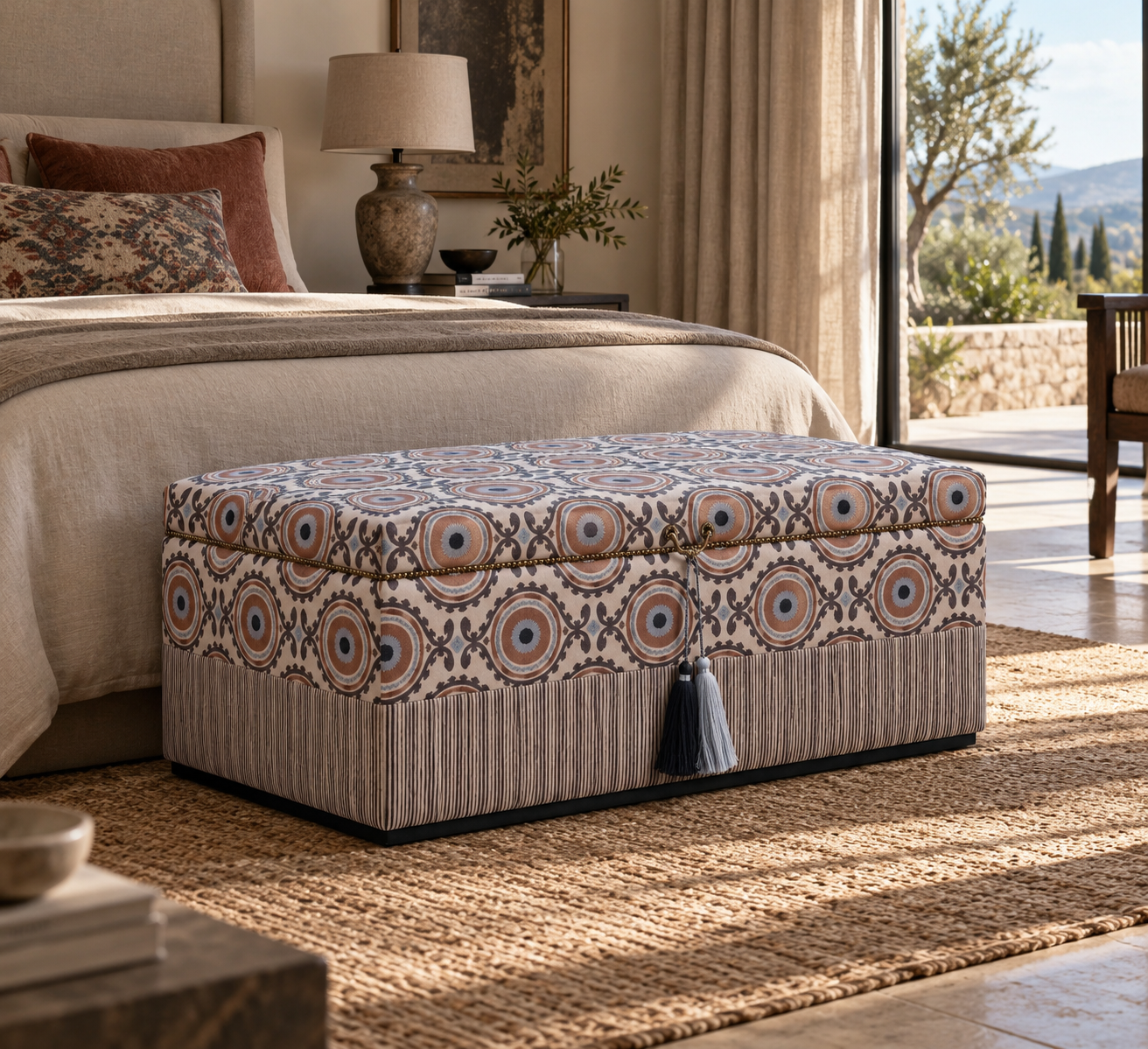 Cascais Medallion Storage Ottoman placed at the foot of a bed in a Mediterranean-inspired room