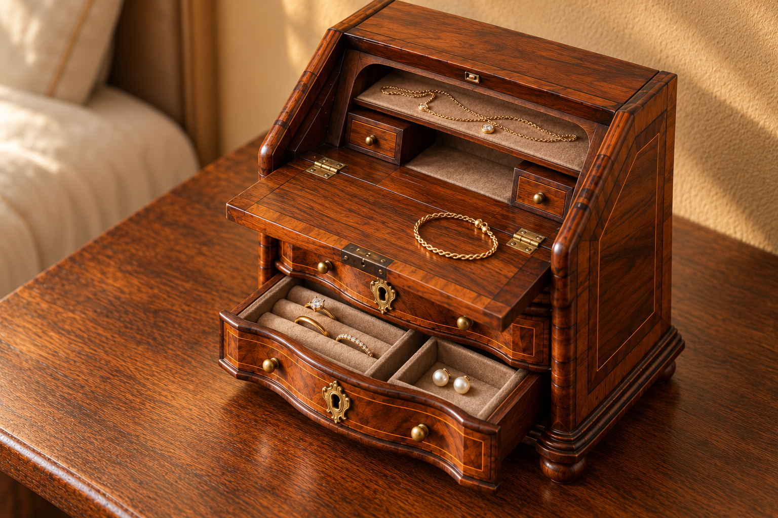 Dodrect bureau open with jewellery storage and a lined drawer