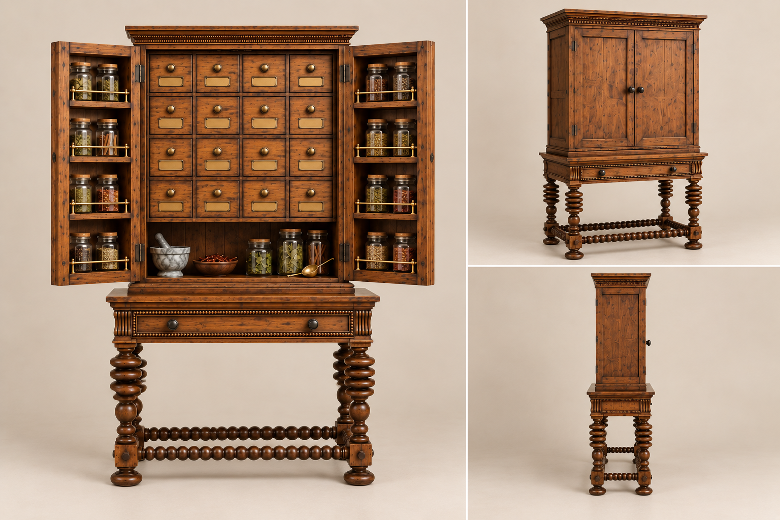 Apothecary Cupboard open, closed and side views