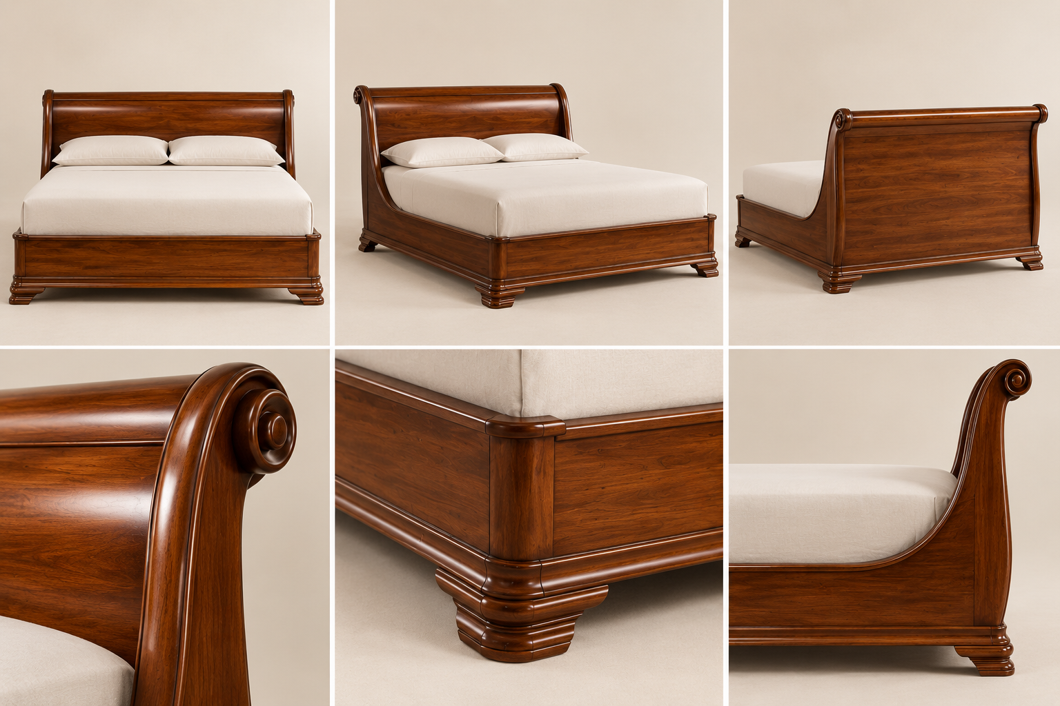 The Guest sleigh bed multiple views and craftsmanship details
