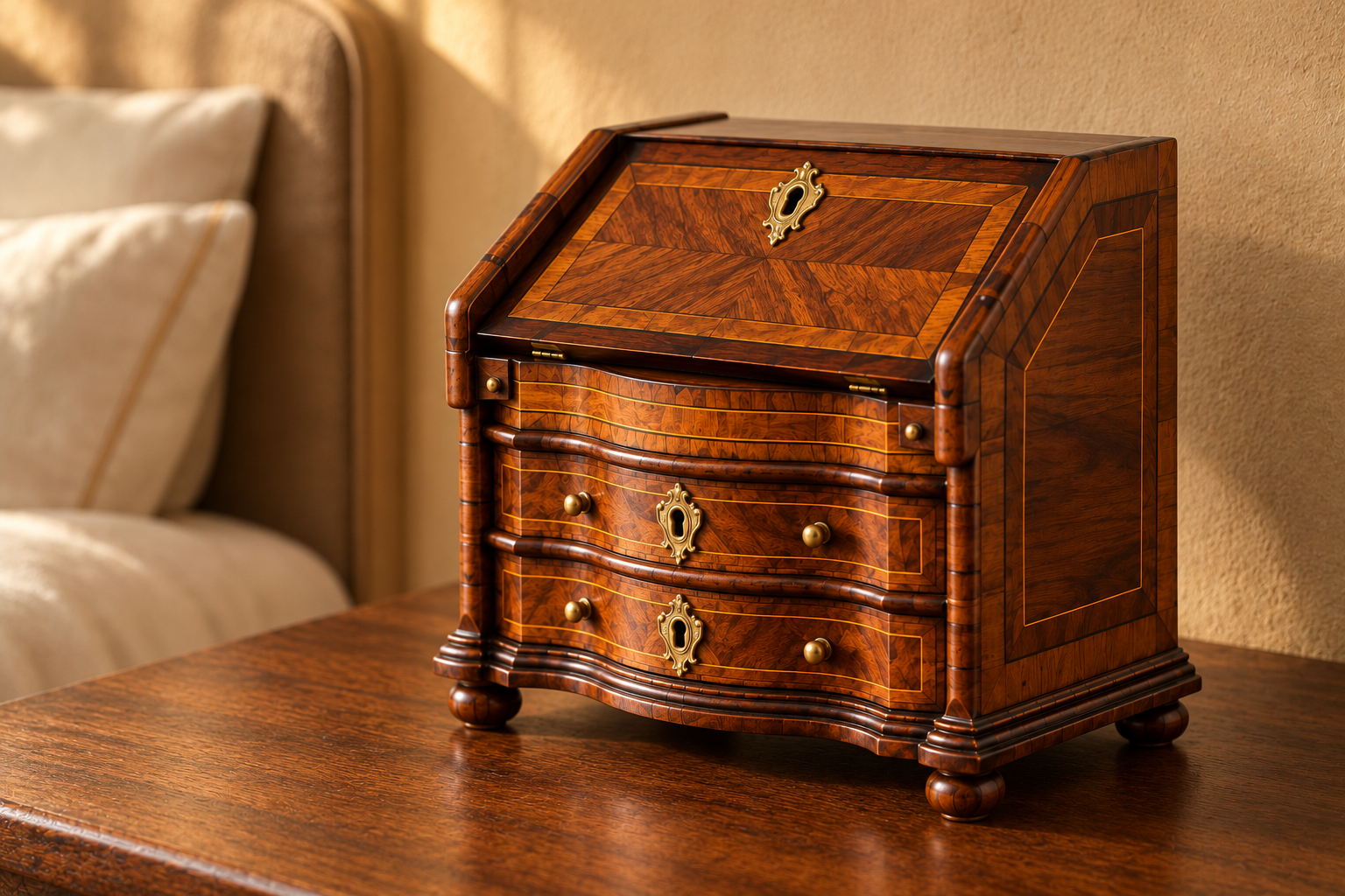 Dodrect miniature jewellery bureau in a warm bedroom setting
