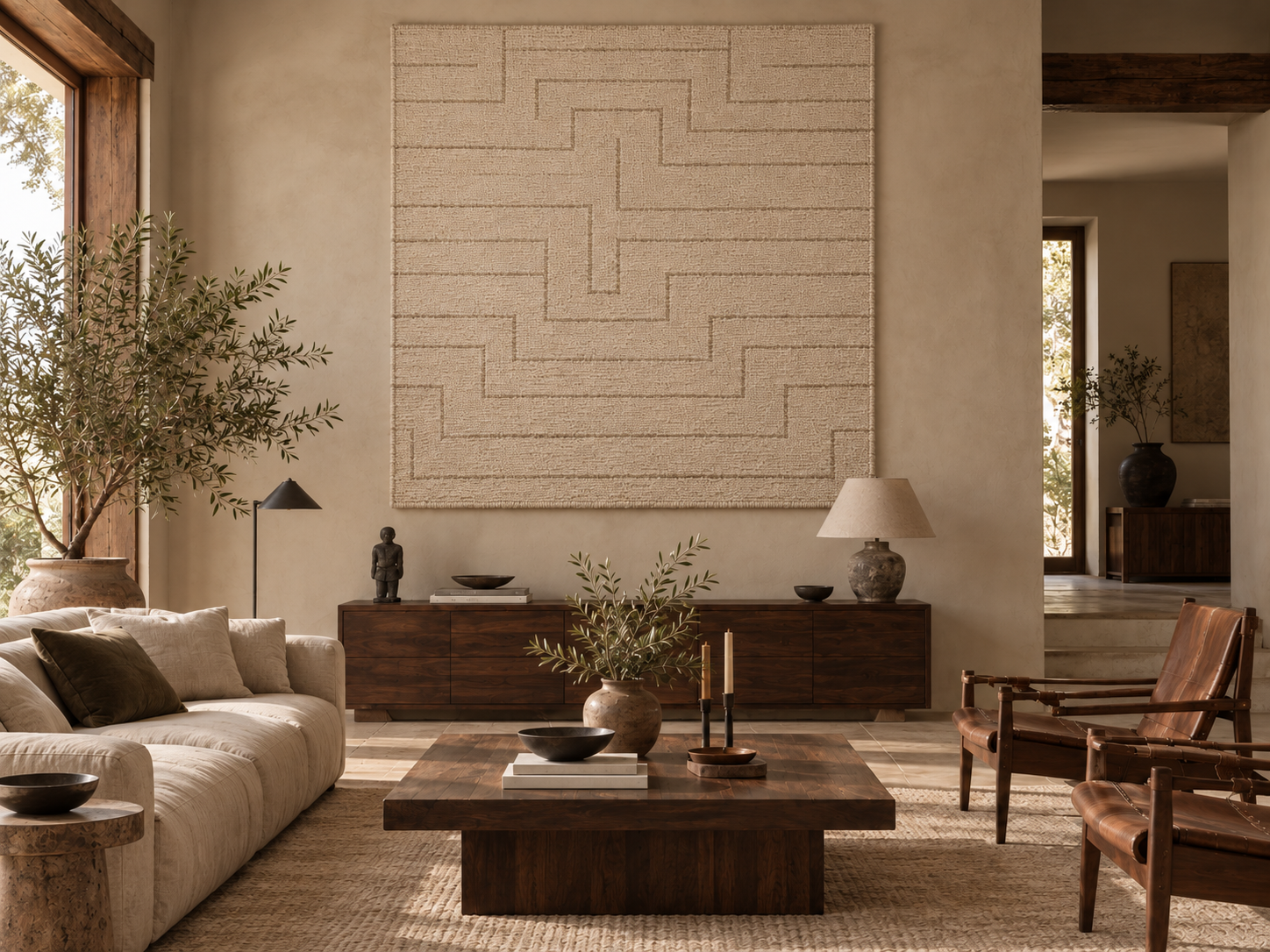 The Maze as a wall-hung textile in a warm contemporary living room