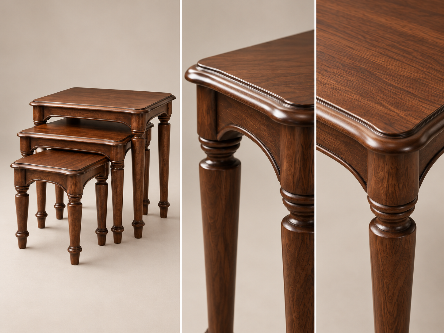 Cascais nesting tables detail triptych showing moulded edges and turned legs