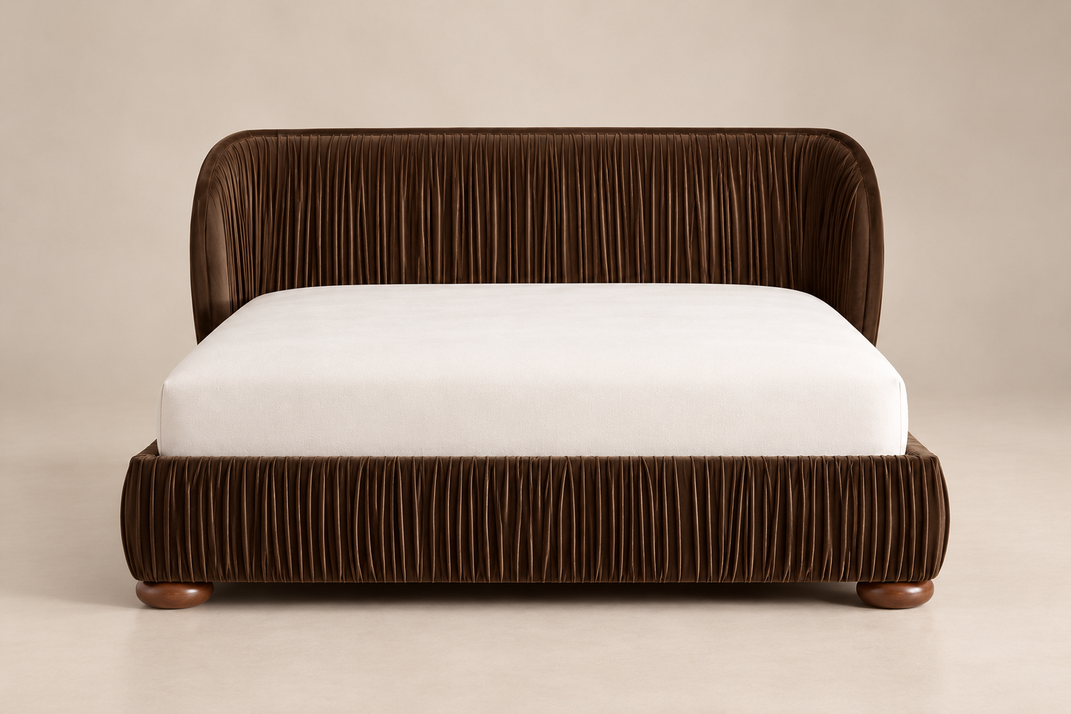 Cascais Bed in espresso pleated upholstery on a neutral background