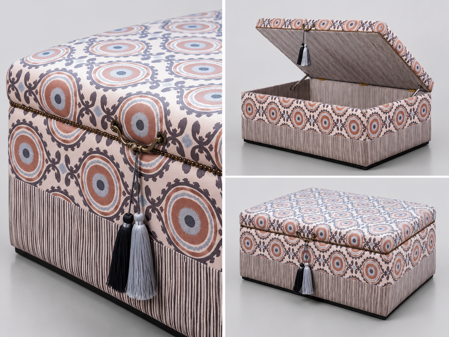 Cascais Medallion Storage Ottoman close-up of medallion textile, latch and tassel, and raised-lid storage compartment