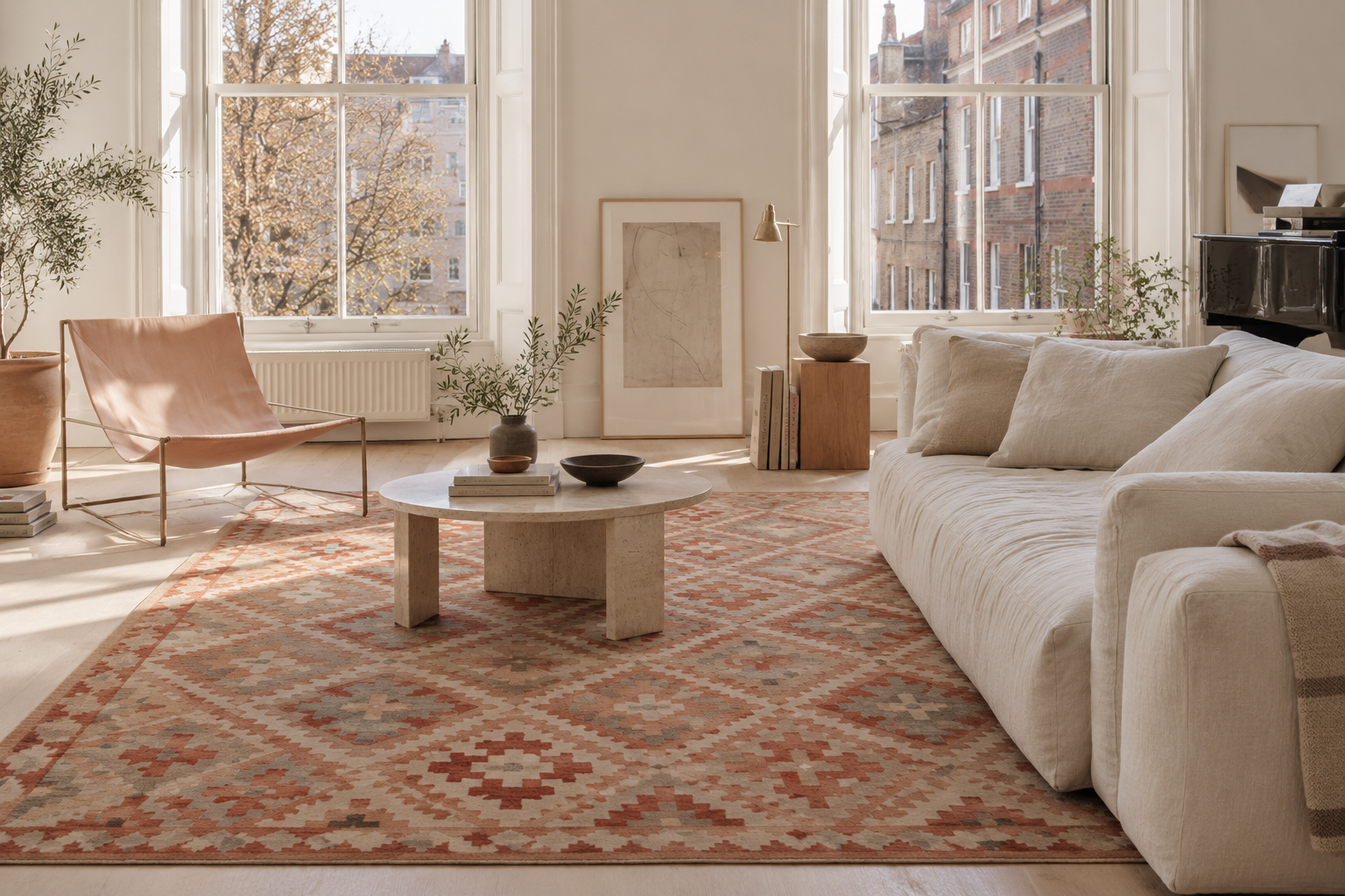 Rug 11 Terracotta Kilim displayed in a contemporary living room