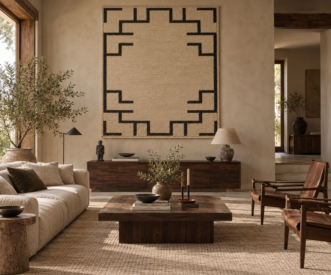 Rug 10 styled as a wall hanging in a contemporary warm-toned interior