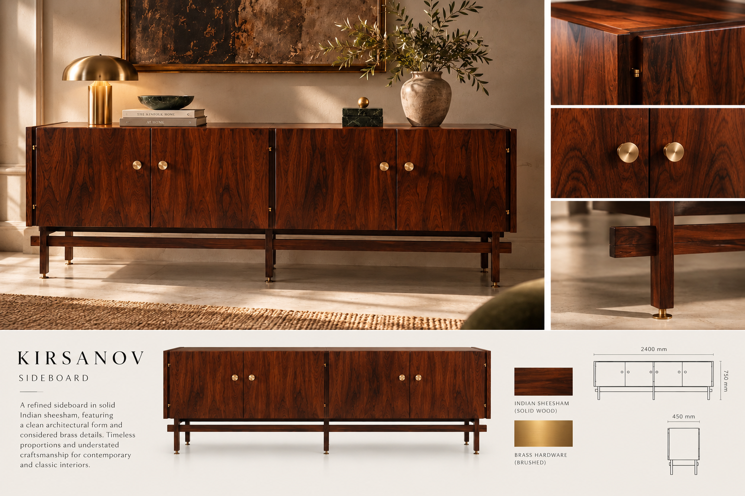 Madalena sideboard in interior with dimensions and material details