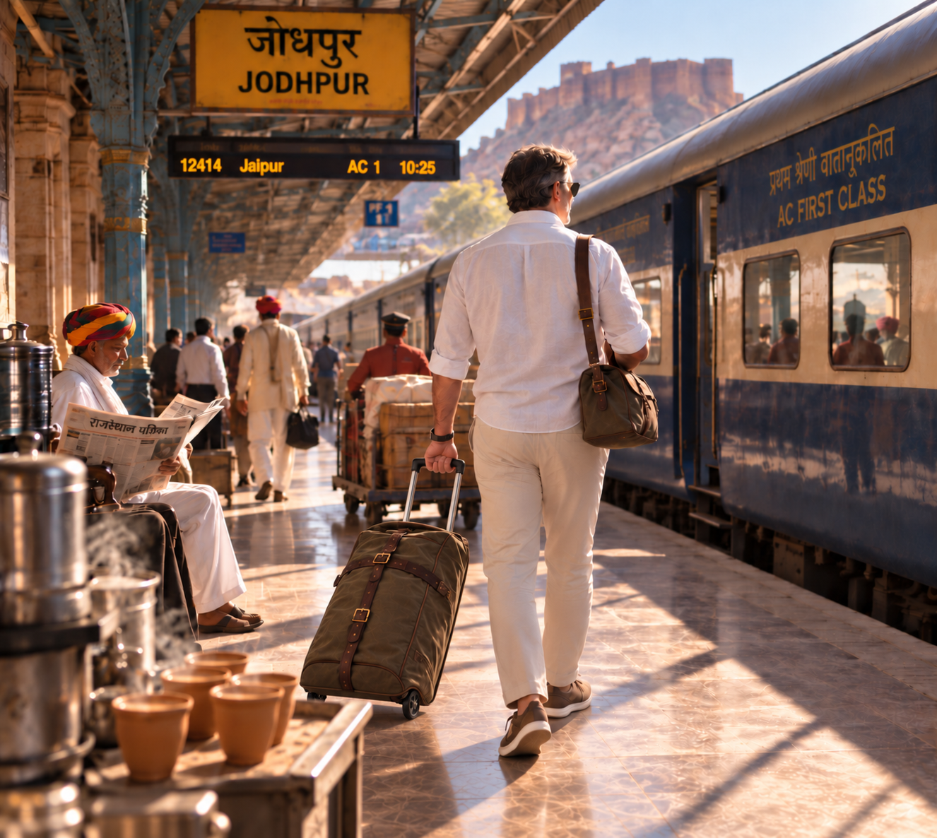 Jodhpur railway station, traveller with trolley bag beside the Jaipur train