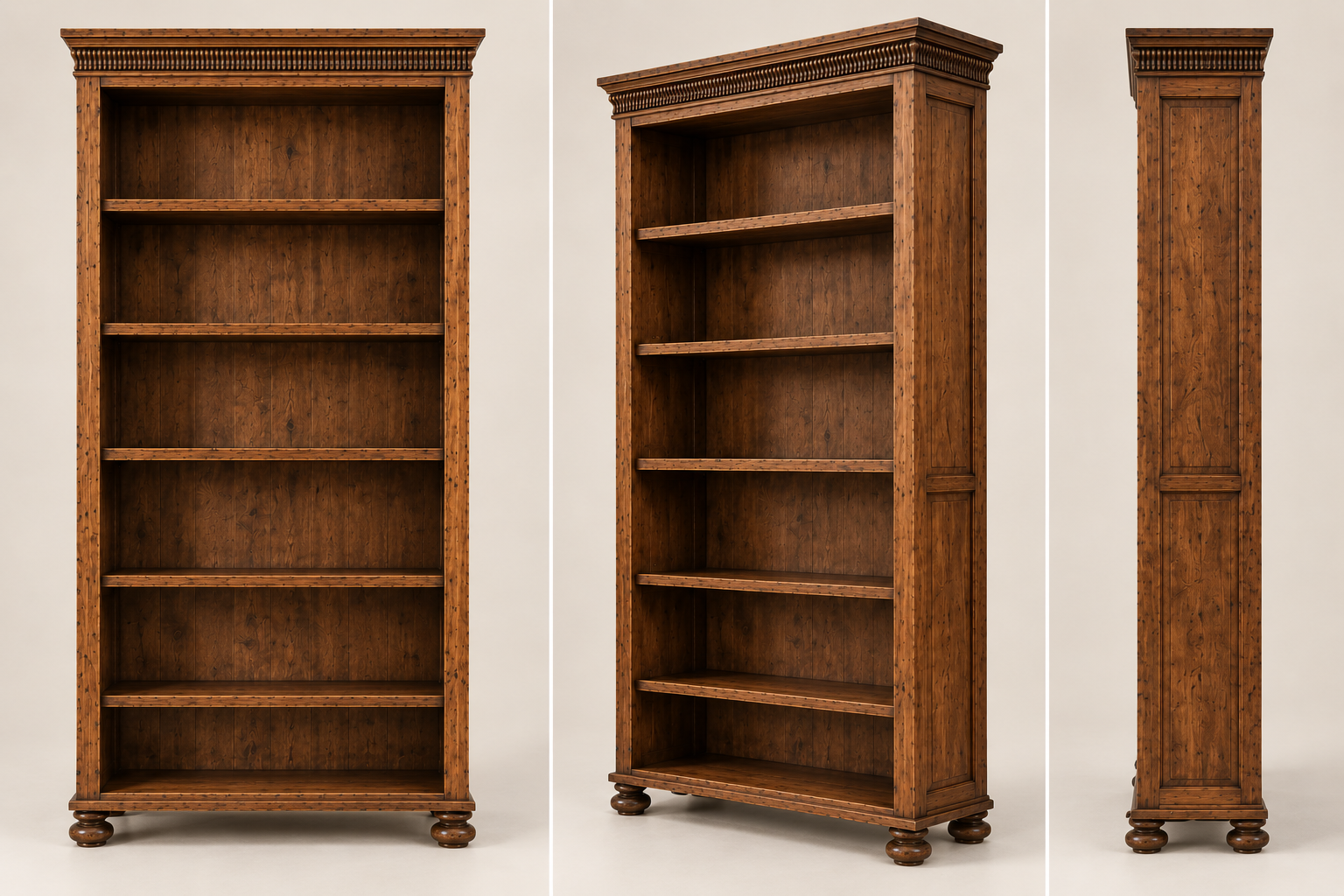 Evora Bookcase front perspective and side views