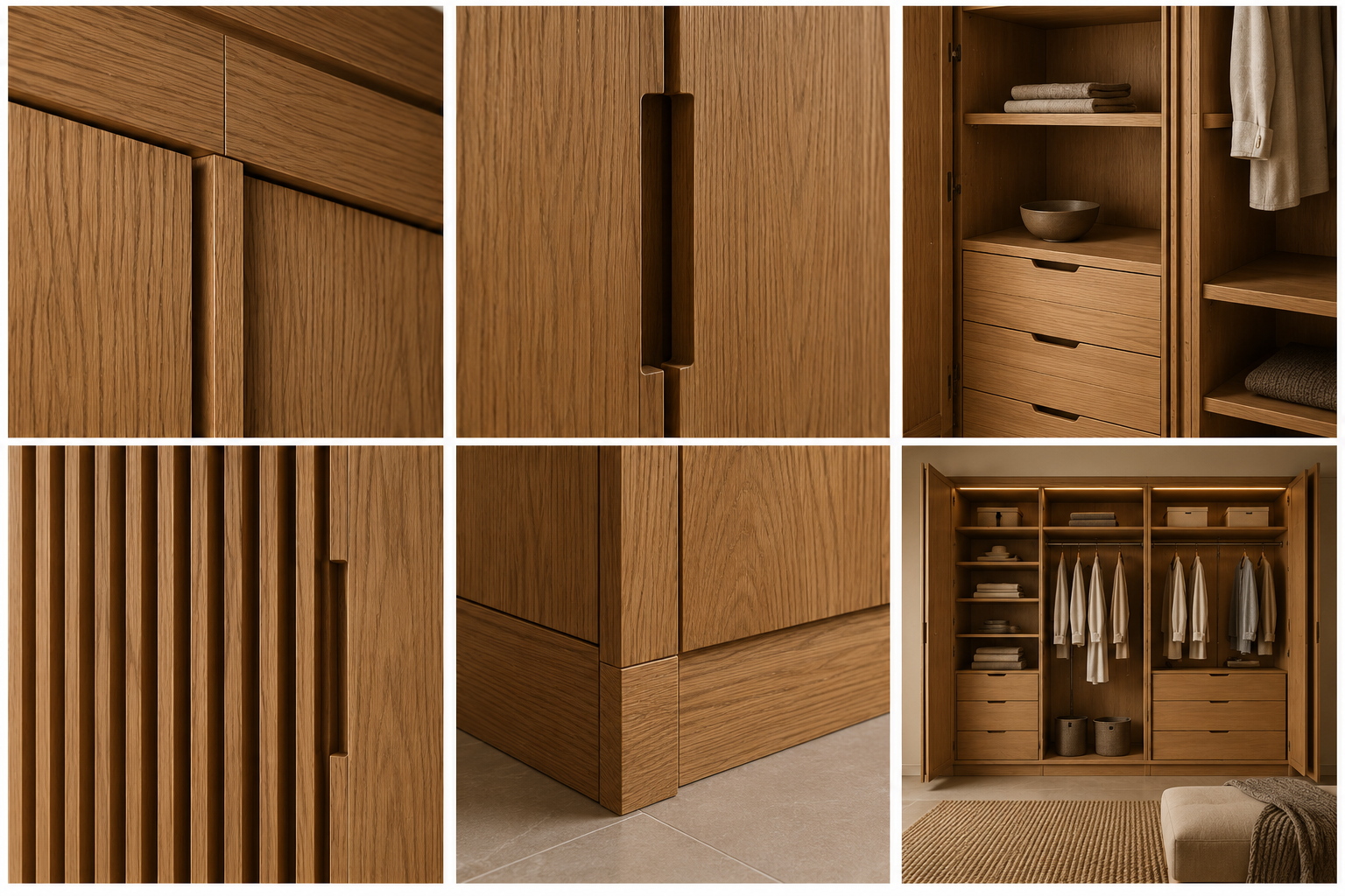 Details of fitted oak wardrobe cabinetry