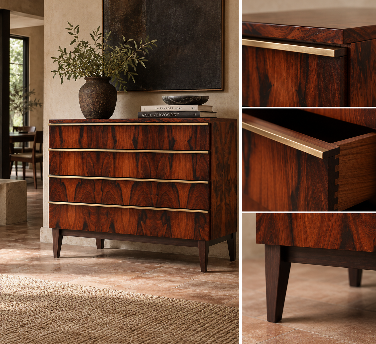 Ipanema Rosewood Chest of Drawers in an interior with brass rail and drawer joinery details