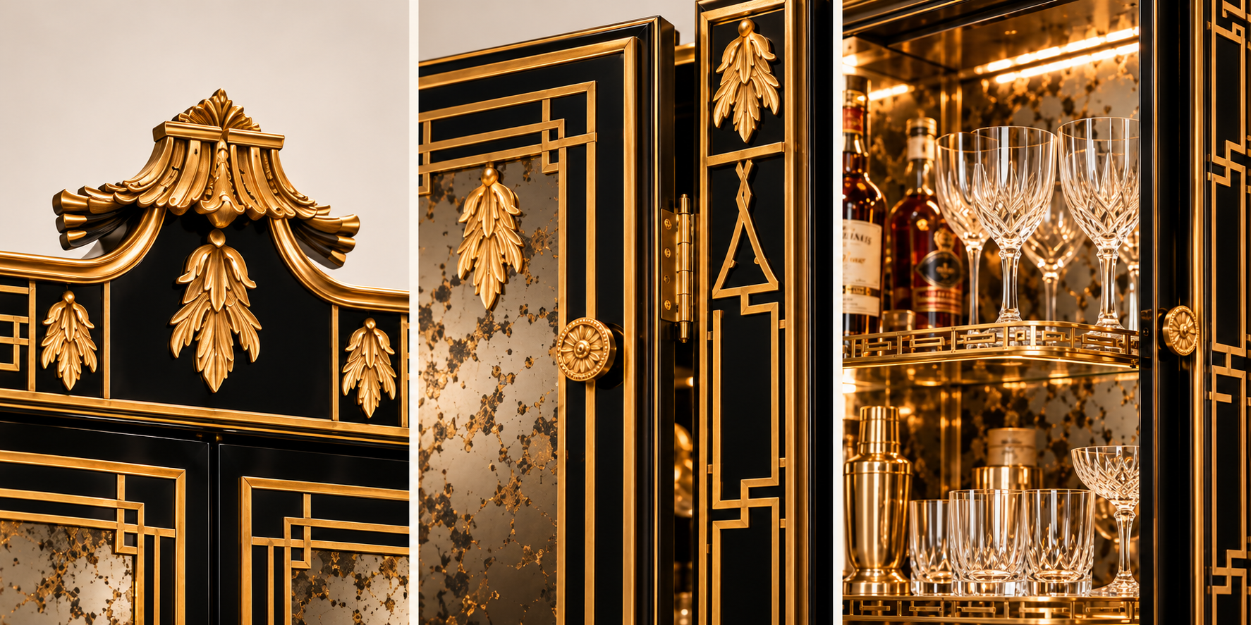 Cascais drinks cabinet decorative gilt detailing and illuminated interior