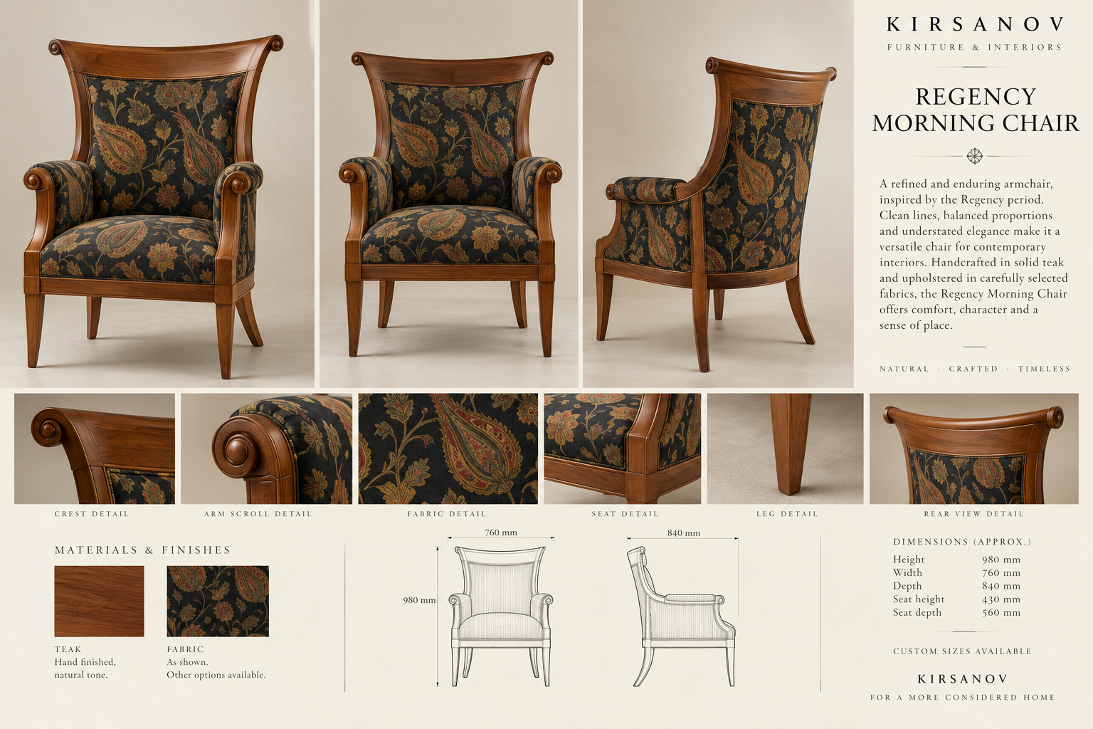 Regency Morning Chair multi-view intent board with upholstery, timber and technical dimensions