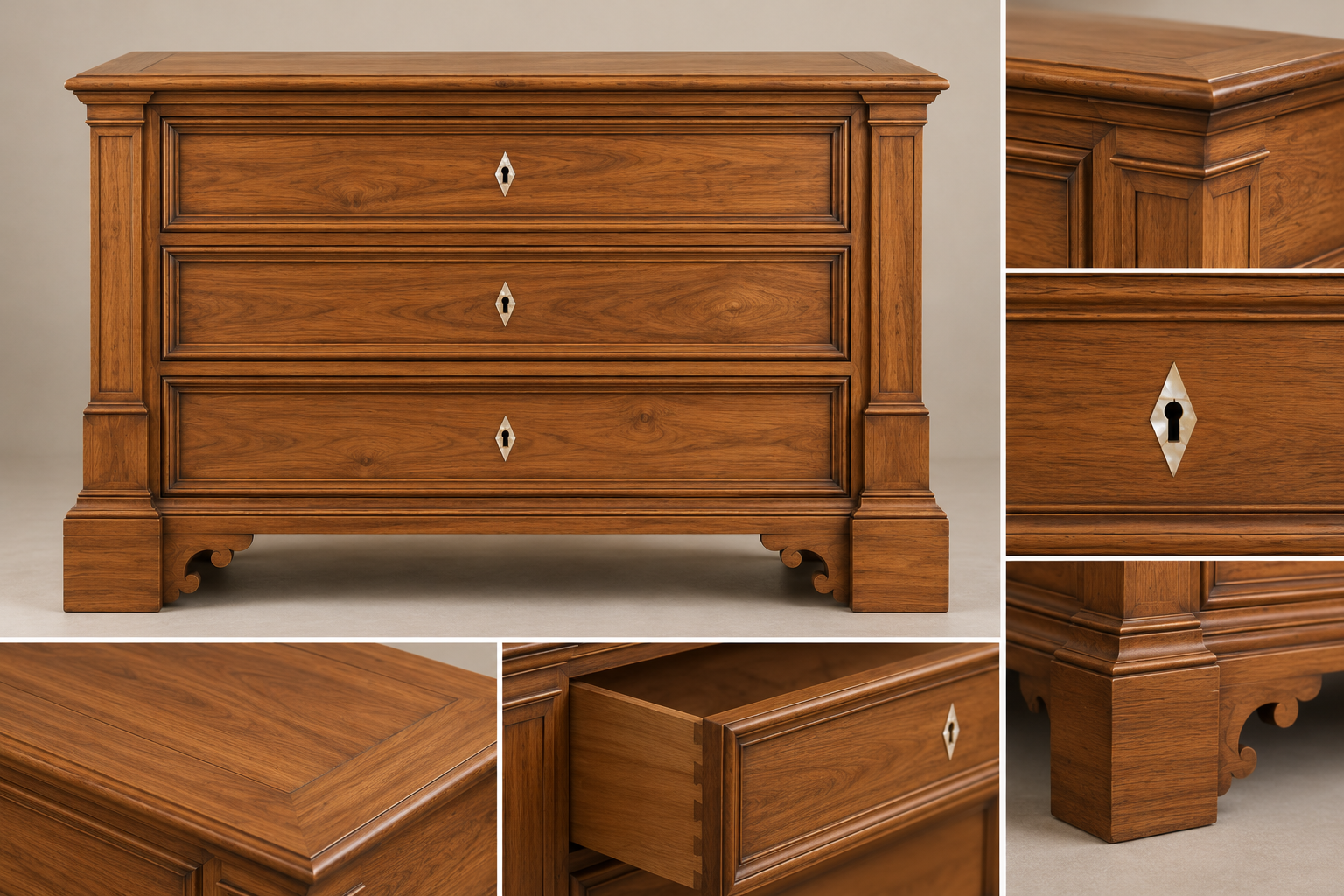 Bologna Teak Chest of Drawers close-up details of teak joinery, mother-of-pearl escutcheon and scroll feet