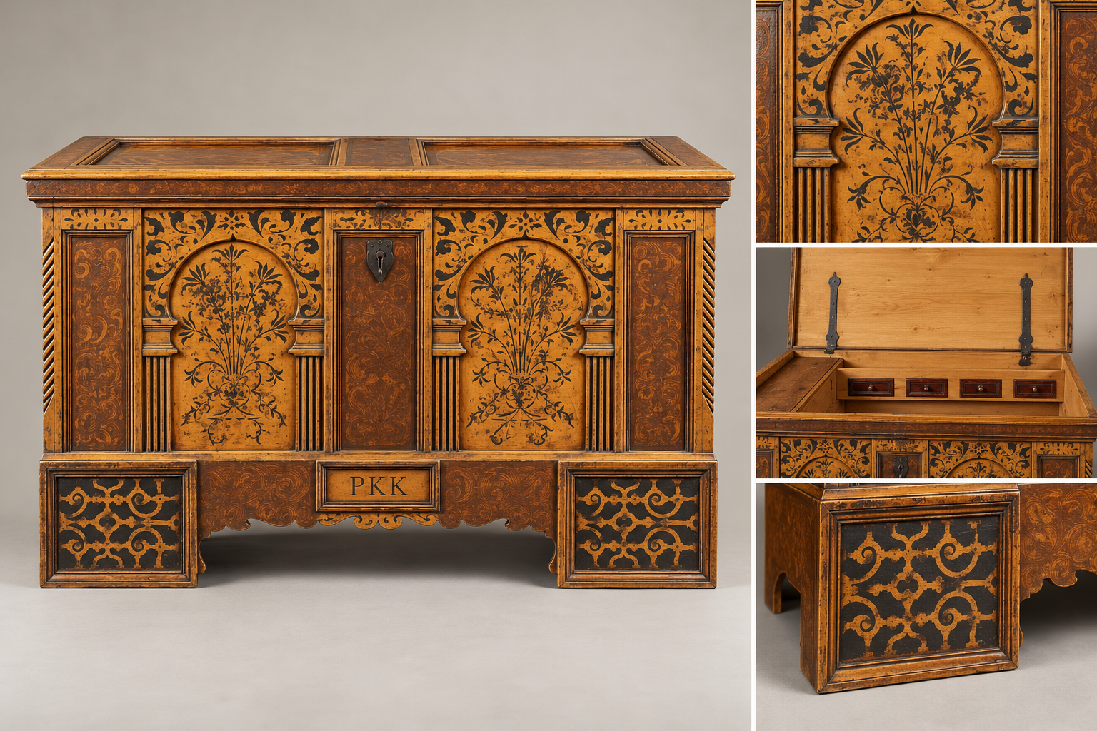 Painted cassone front and details including open interior