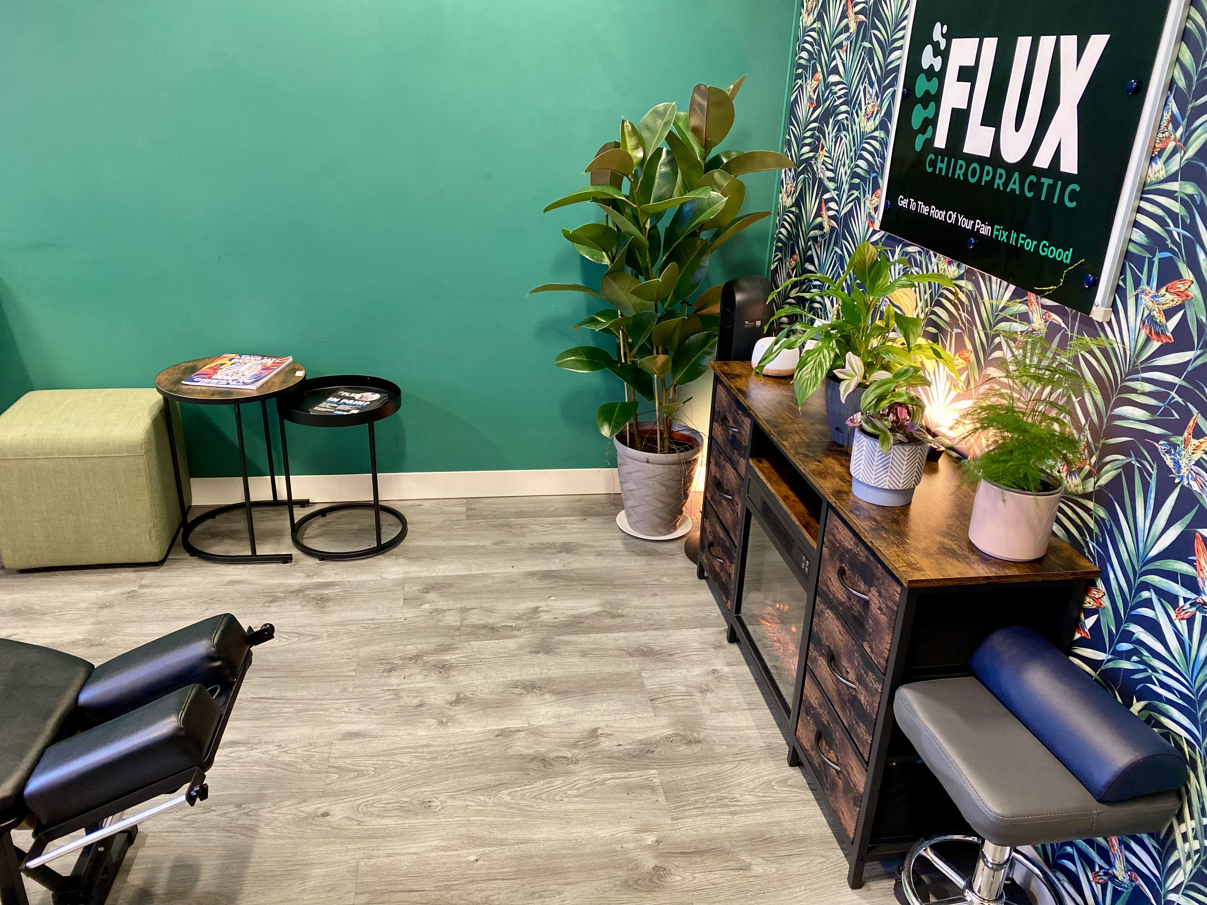 Plants and beauitful fireplace at Flux Chiropractic Hull designed for patient comfort.