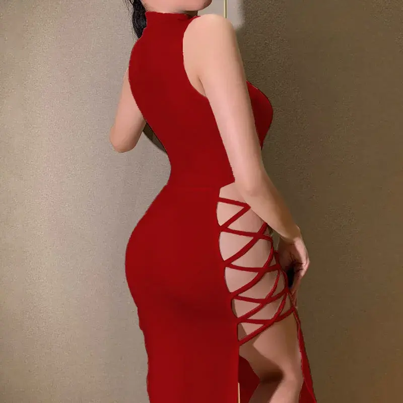 Thumbnail: Women Sleeveless Lace Up Skinny Club Slit Dress