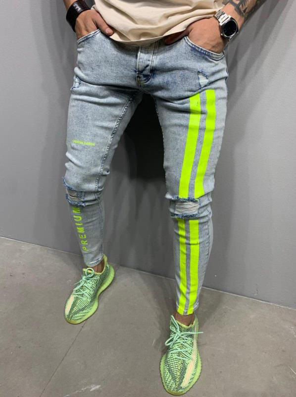 Thumbnail: Men Stripe Print Ripped Skinny Jeans