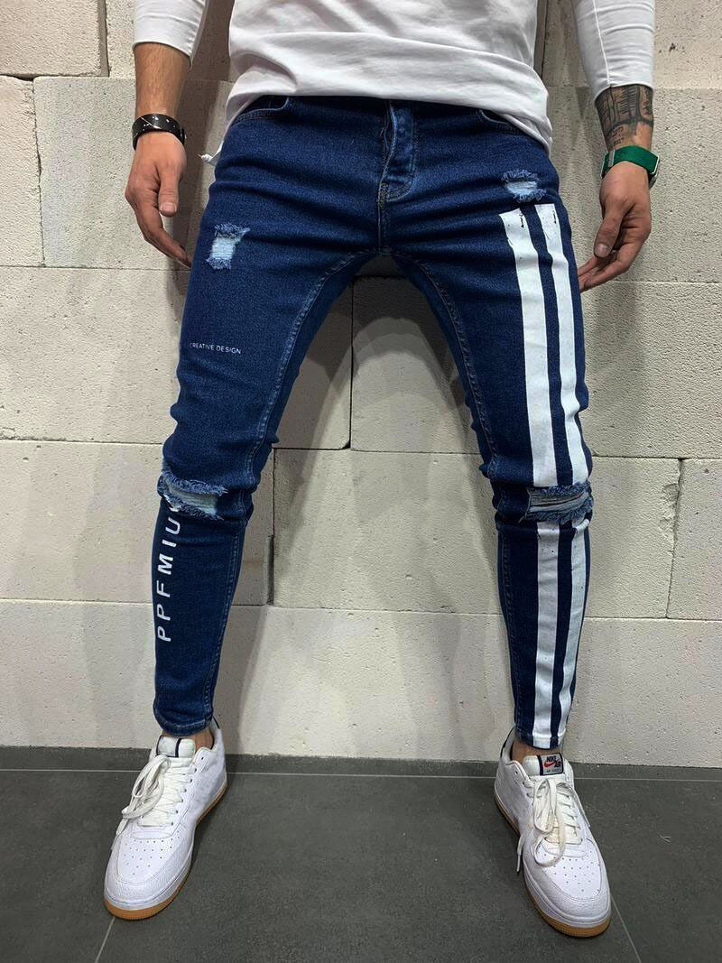 Thumbnail: Men Stripe Print Ripped Skinny Jeans