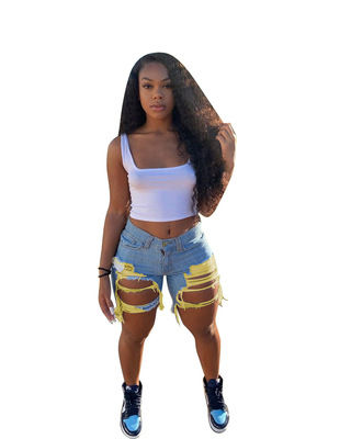 Thumbnail: Women Ripped Tassel Light Colored Washed Jean Shorts