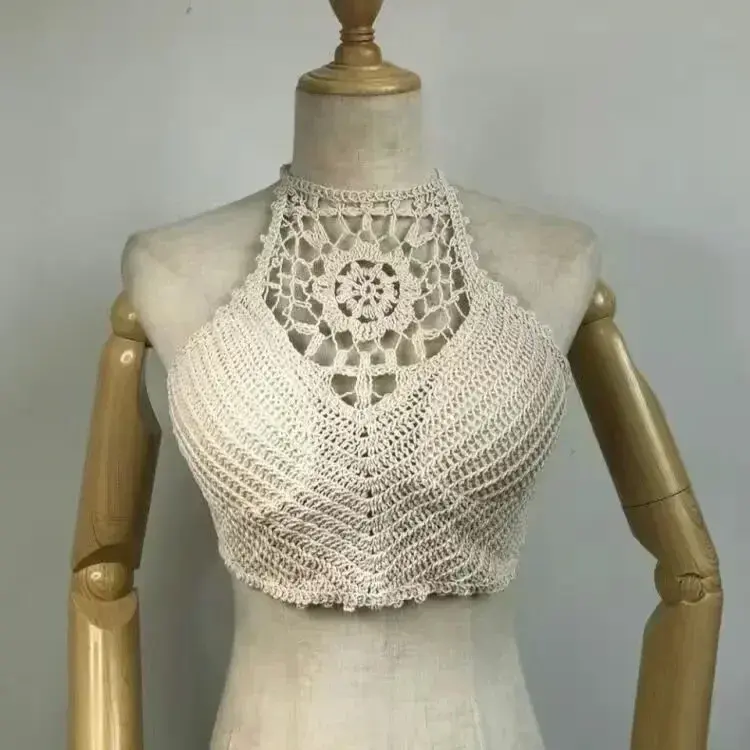 Thumbnail: Hollow Spaghetti Strap Knitted Lace Halter Neck Crop Tops