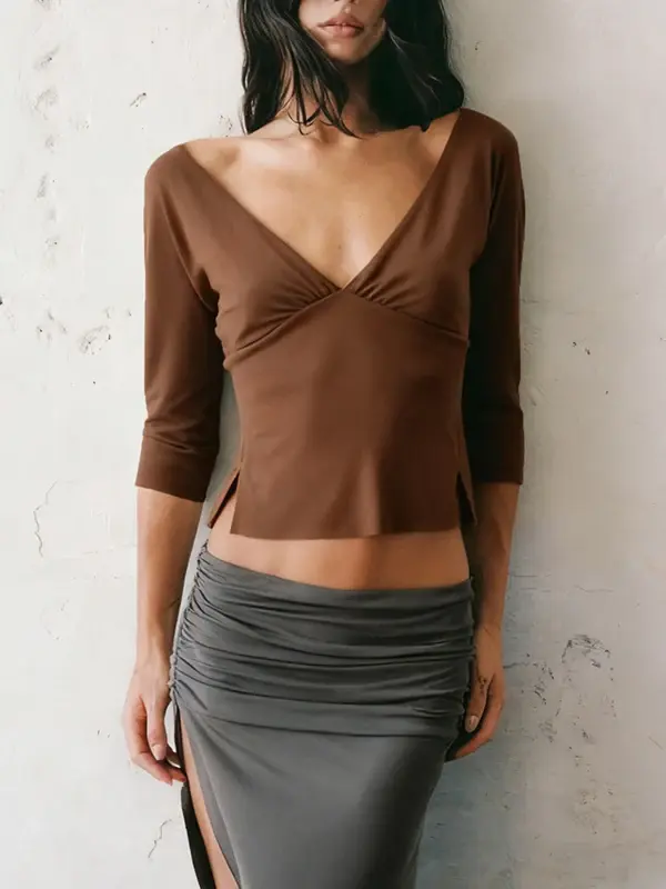 Thumbnail: Deep V-Neck Side Slit Short T-Shirt