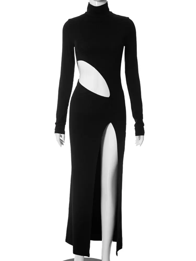 Thumbnail: Hollow Out Thigh-High Split Slim Sleeved long Dress