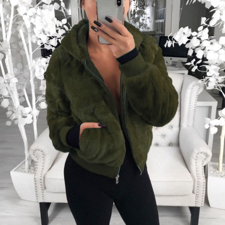 Thumbnail: Womans Solid Color Rabbit Hair Imitation Fur Plush Jackets