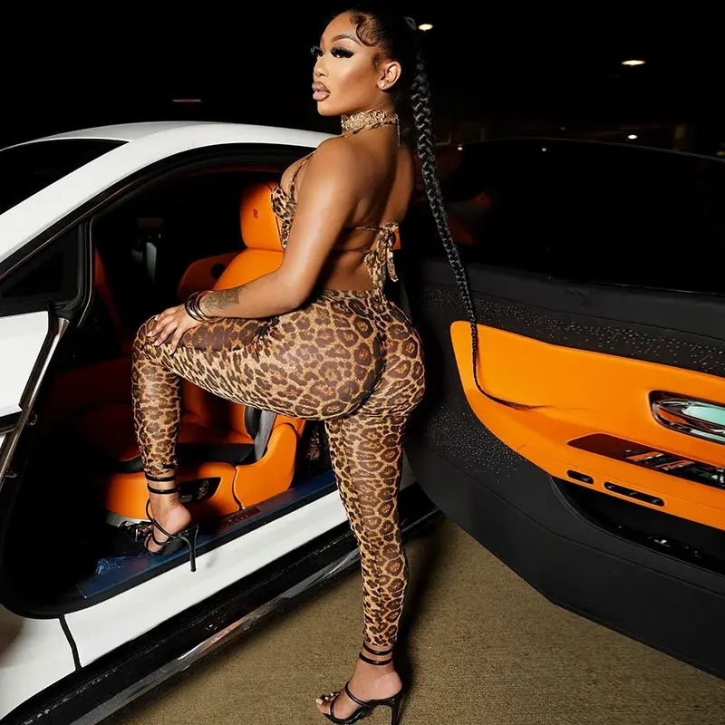 Thumbnail: Women's Leopard Printed Hollow Out Halter Top and Skinny Leggings Two Piece Set