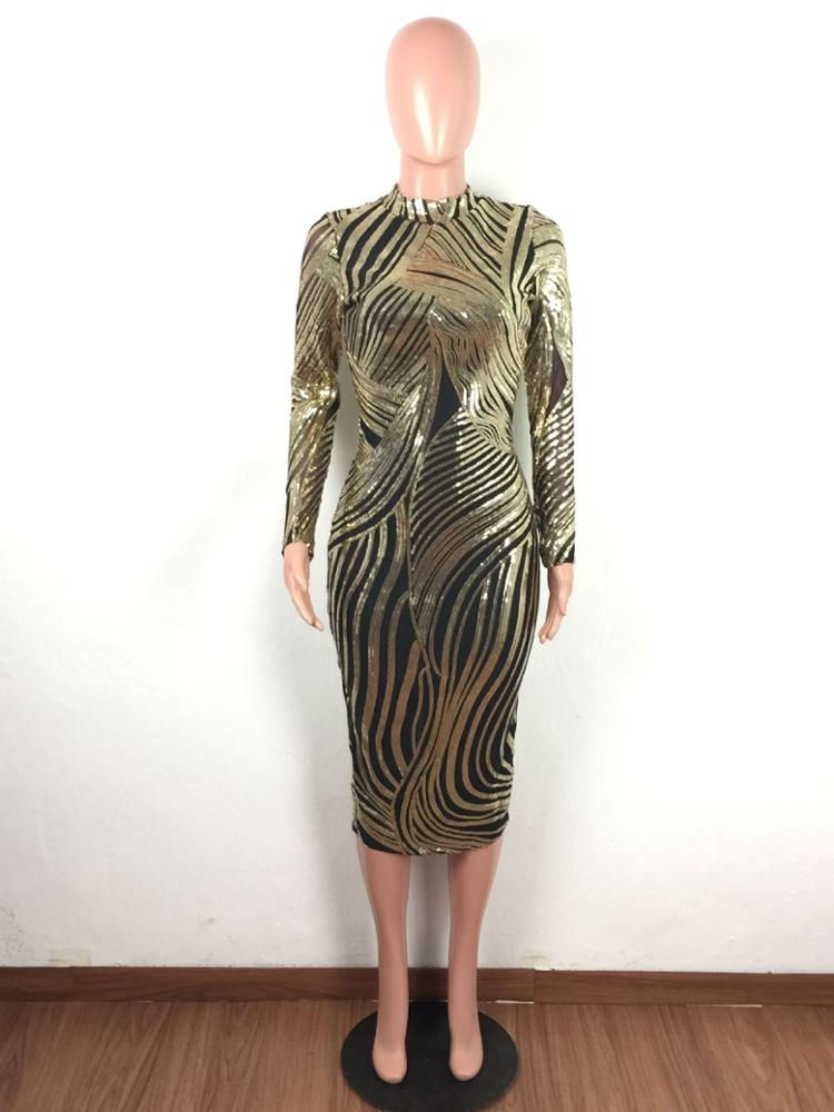 Thumbnail: Womens Bodycon Gold and Black Sequin Long Sleeves Night Club Midi Dress