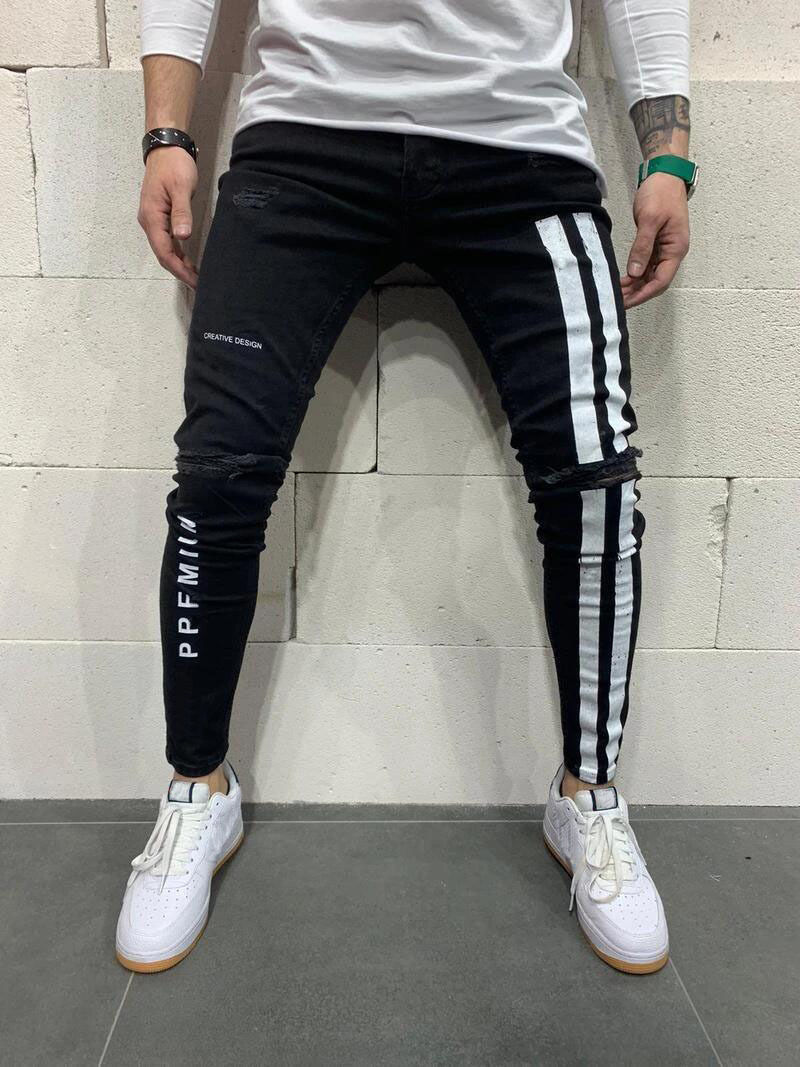 Thumbnail: Men Stripe Print Ripped Skinny Jeans