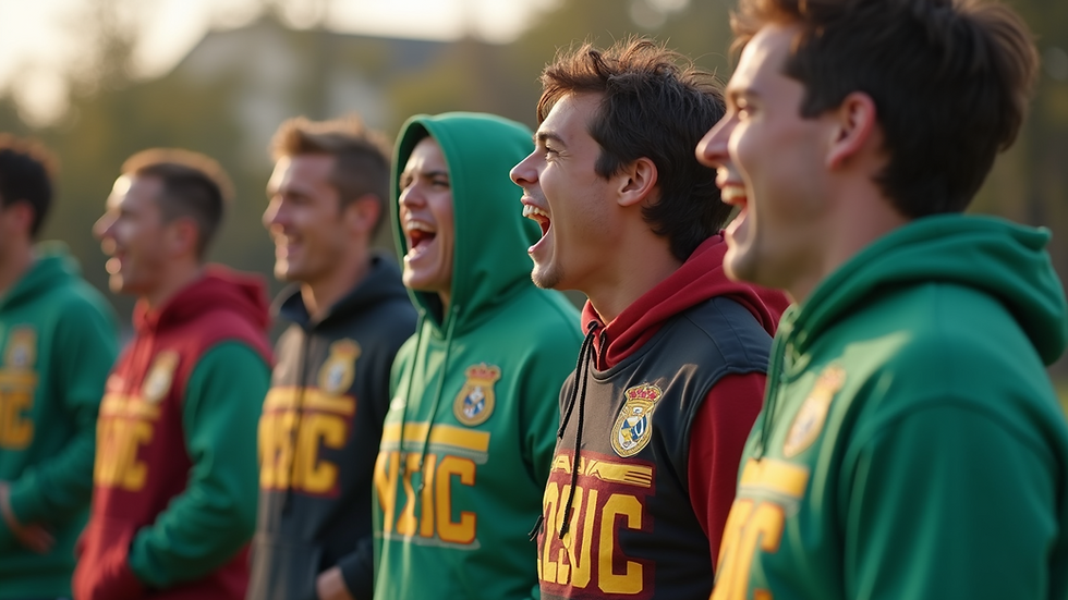 Wide angle view of a jubilant soccer team wearing their custom hoodies