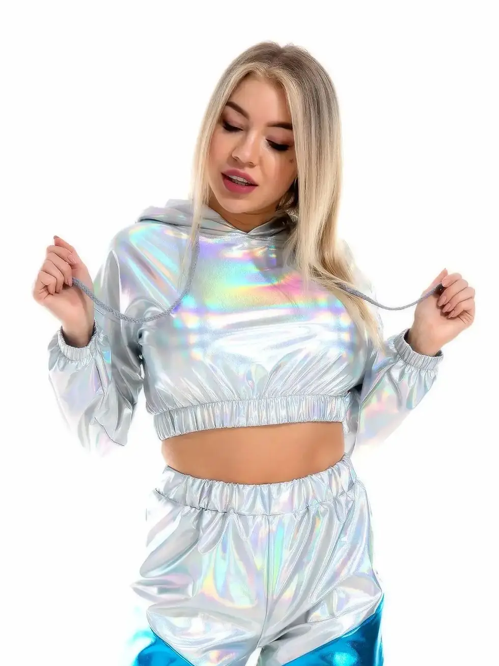 Thumbnail: Holographic Metallic Long Sleeve Cropped hoodie With Drawstring