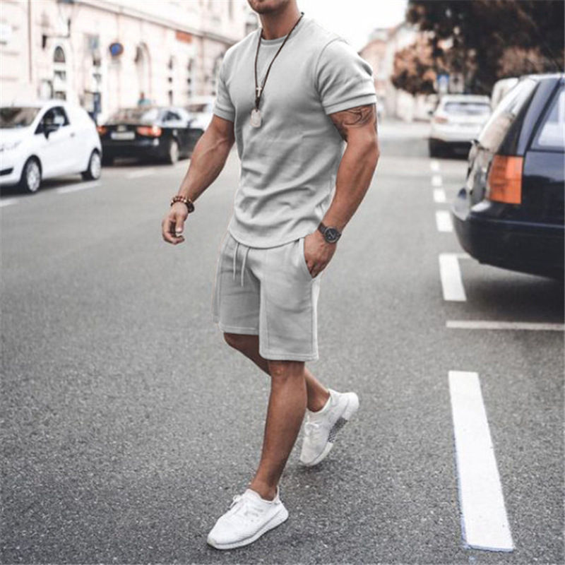 Thumbnail: mens solid color plain T-shirt and shorts 2pcs Set