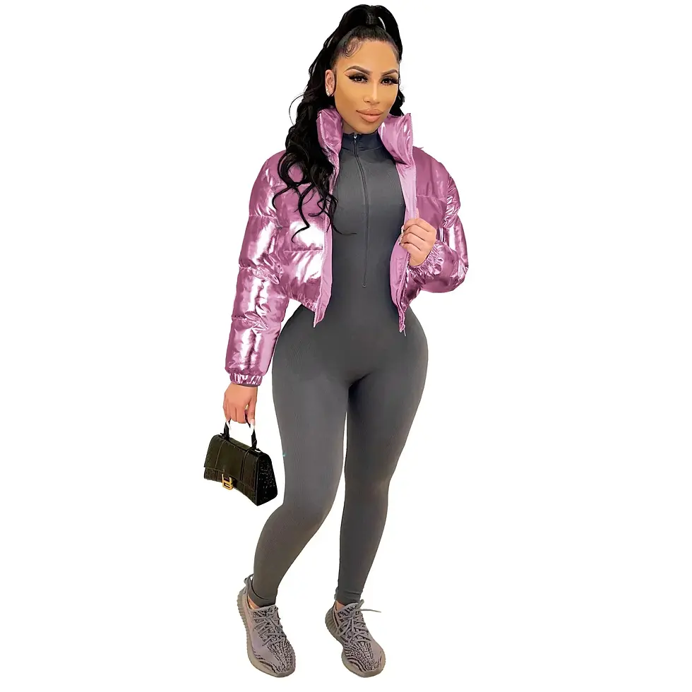 Thumbnail: Womans Glossy Zip Up Shiny Bubble Puffer Coat - 4 Color Options