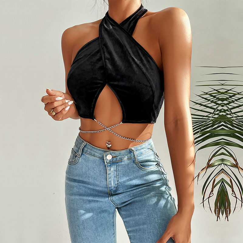 Thumbnail: Women Summer Hollowed-Out Chain Halter Crop Tops
