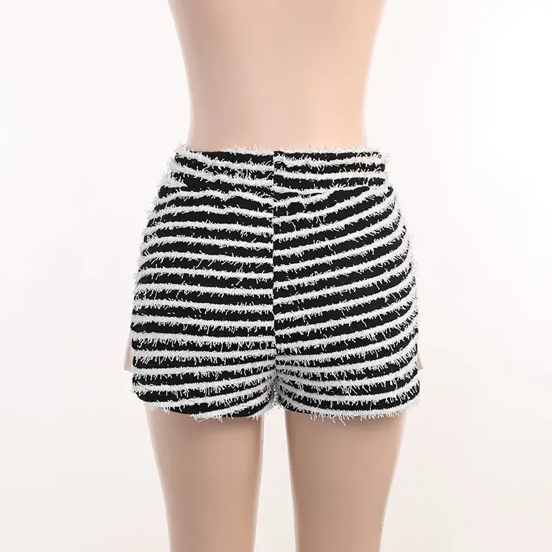 Thumbnail: Women Knitted Fuzzy White Striped Shorts