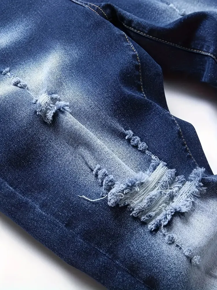 Thumbnail: Mens Ripped Dark Blue Disstressed Denim Jeans