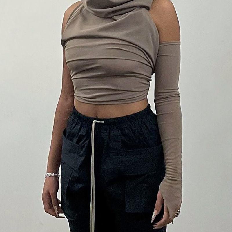 Thumbnail: Solid Backless One Shoulder Pleated Crop Top Hoodie