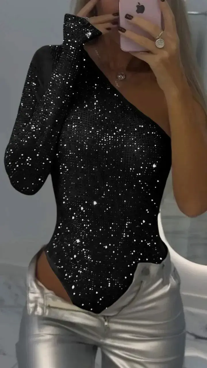Thumbnail: Women's Sequin One-Shoulder Long Sleeve Slim Body T-Shirt