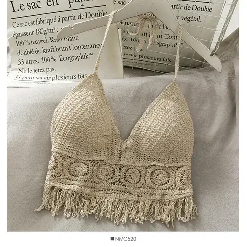 Thumbnail: Hollow Spaghetti Strap Knitted Lace Halter Neck Crop Tops