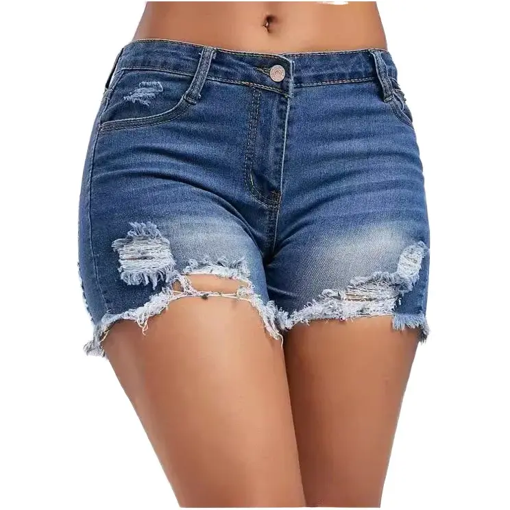 Women's High Waist Style Ripped Blue Denim Shorts
