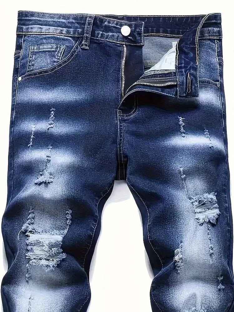 Thumbnail: Mens Ripped Dark Blue Disstressed Denim Jeans