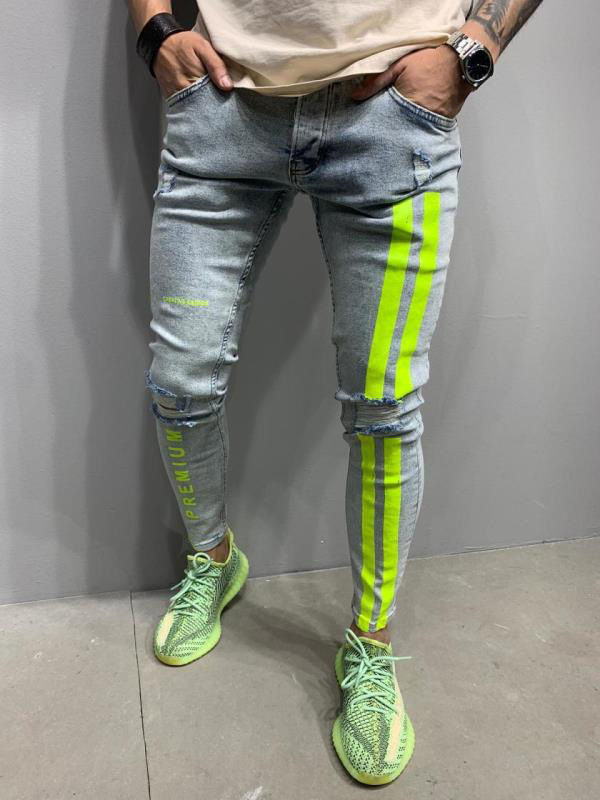 Thumbnail: Men Stripe Print Ripped Skinny Jeans