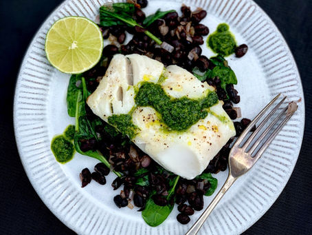 Roast Cod, with Black Beans & Gin Chimichurri 