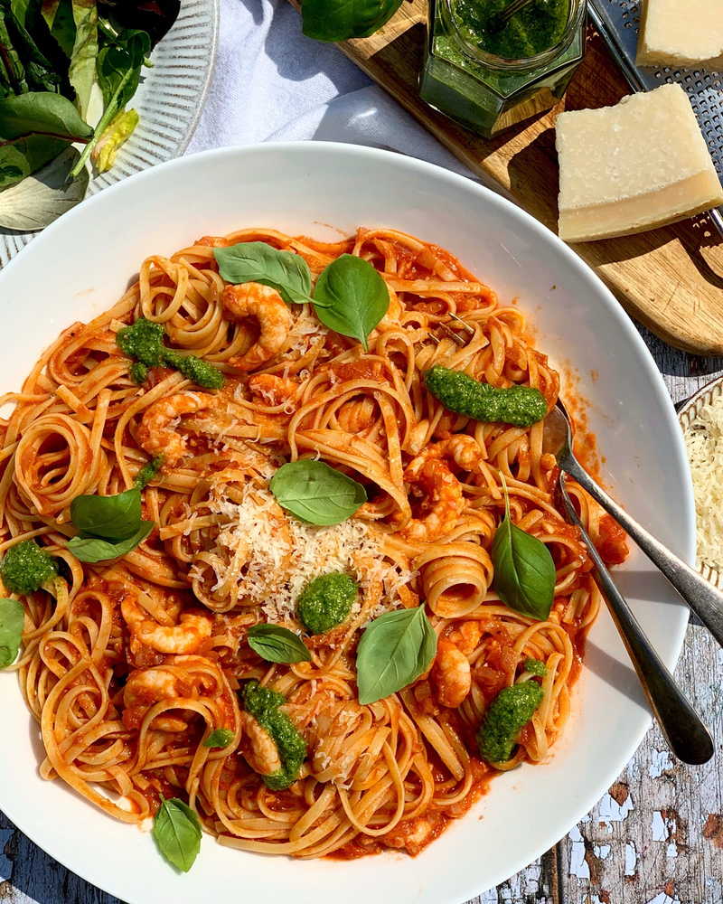 Prawn & Tomato Pasta with Homemade Pesto
