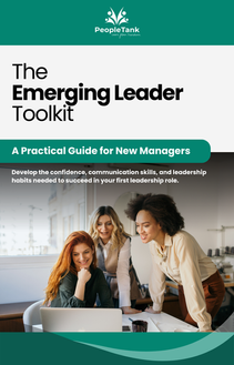 Cover of the People Tank “Emerging Leader Toolkit” showing professionals collaborating over a laptop, representing teamwork and early leadership development.